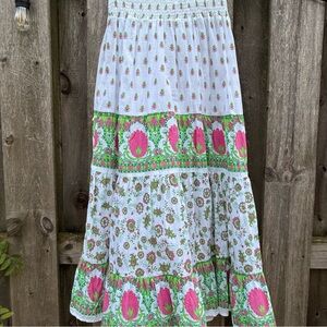 Vintage Uniti Casuals Cotton Boho Maxi Skirt White Pink Green Floral India XL